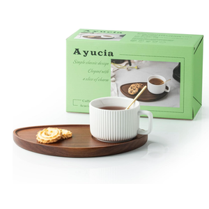 Ayucia Tea Cup and Saucer Set, 8OZ Cappuccino Cup with Acacia Serving Saucer and Spoon, White Cream Ceramic Coffee Mug with 9.4inch Wooden Plate for Latte Dessert Breakfast