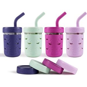 Pandaloo Mason Jar Toddler Cup - 8 oz Spill-Proof Glass Tumbler with Silicone Straw and Lid, Non-Slip Sleeve, BPA-Free Toddler Snack Cups - Perfect Smoothie Cups with Lids and Straws for Kids (Pack of 4, Blueberry/Sweet Sage/Deep Purple/lilac Rhapsody)