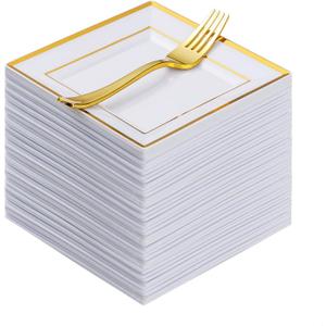 Goodluck 120PCS 6.5" Square Gold Dessert Plastic Plates with 7.4" Forks, Gold Appetizer Plates for 60 Guests, Including 60 Disposable Cake Plastic Plates and 60 Forks for Wedding/Birthday Party