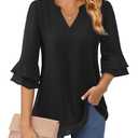 3/4 Sleeve Blouses for Women Dressy Casual V Neck Business Casual Tops for Women Fall Fashion 2025 Chiffon Blouses Work Professional Office Shirts Interview Tunic Teacher Clothing Flattering Large (L)
