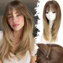 Eawwii Beginner-Friendly Wig with Bangs for Women Ombre Brown to Blonde Straight Face-Framing Layers Hairstyle 4x4 Realistic Scalp Glueless Synthetic Wigs Medium Length for Everyday Use