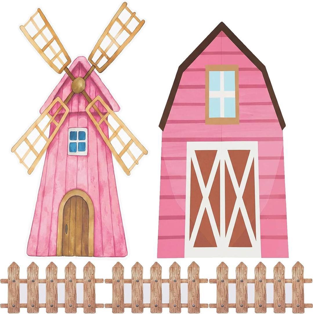 Honoson Large Farm Party Decor Barn Cardboard Backdrop, Barn Windmill, Pink