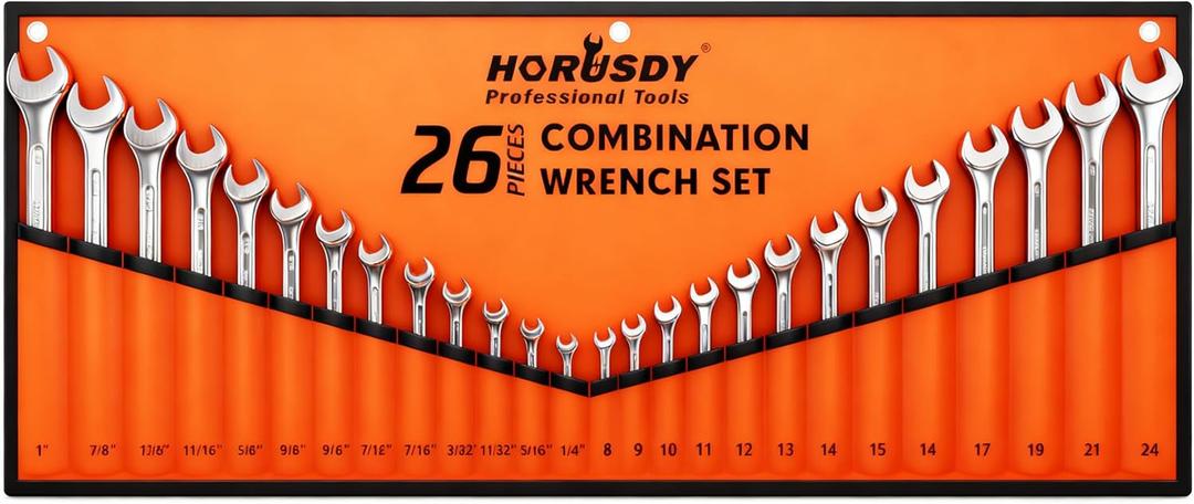 HORUSDY 26-Piece Durable Combination Wrench Set with Roll-up Pouch, Open End Wrench Set for General Household, Garage, Auto Repairs, SAE 1/4 - 1 and Metric 8mm - 24mm