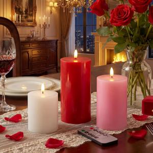 Grinsvalley 3 Pcs Mother's Day Flameless Candles Battery Operated Wax LED Flickering Flameless Pillar Candles with Remote for Home Table Dating Wedding Party Decor