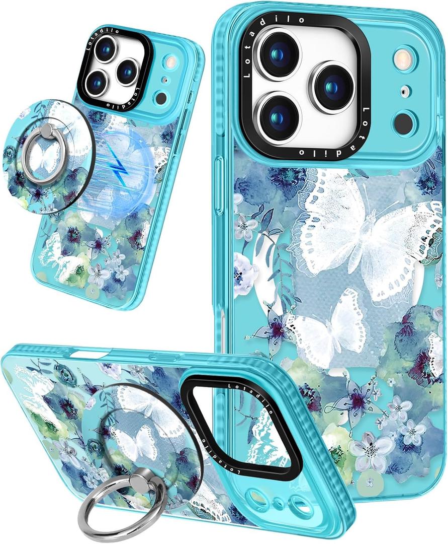 Lotadilo Case for iPhone 17 Pro Case Compatible with Magsafe Ring Holder Stand - for Women Ink Butterfly Design TPU Phone Cover for Girls Girly Funny Fashion