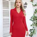 VICHYIE Women Lapel Neck Ribbed Bodycon Tight Fall Dress Long Sleeve Mid Thigh Pencil Above Knee Dresses (Red, S)