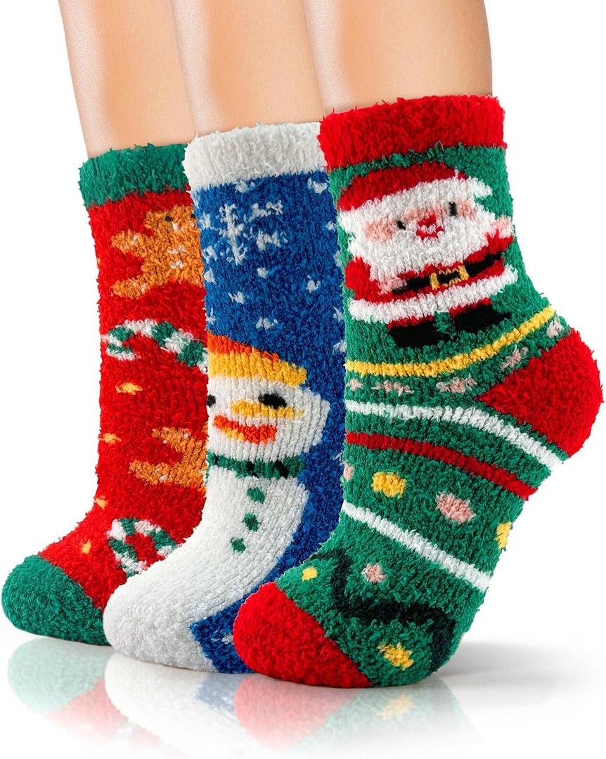 AIVEI 72-Needle Buttery Soft Fuzzy Socks for Women Girls, Gifts Cozy Warm Fluffy Cute Thick Plush Slipper Socks 3 Pairs (Christmas-02)