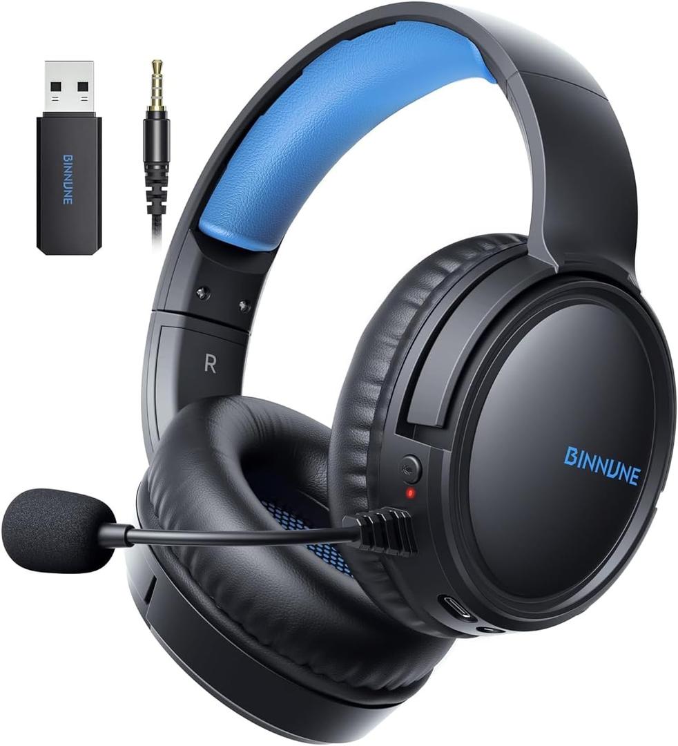 BINNUNE Wireless Gaming Headset  2.4GHz Low-Latency USB Dongle + Bluetooth, 50mm Drivers 7.1 Surround, Noise-Cancelling Mic, 40H Battery  Over Ear Wireless Headphones for PS5, PC, Laptop, Blue