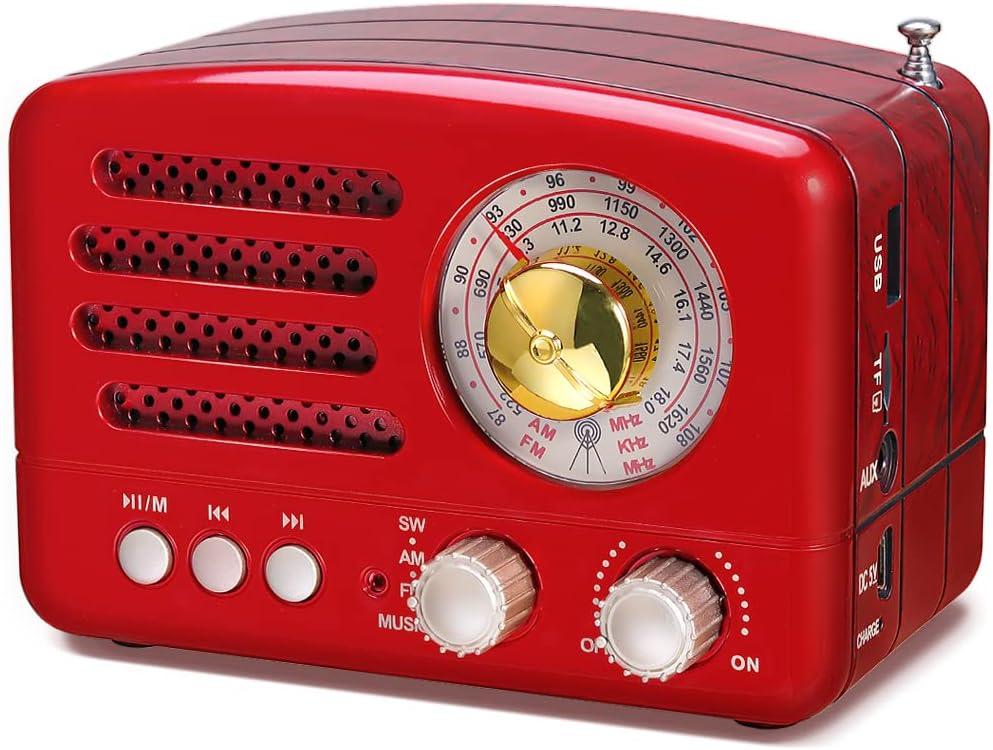PRUNUS J-160 Retro Vintage AM FM Radio with Bluetooth, USB/TF Card Playback, Small Transistor Radios Battery Operated, Rechargeable Radio(Red)