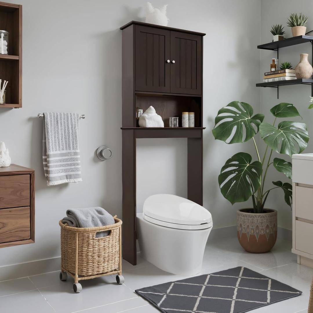Over The Toilet Storage Cabinet, Behind Toilet Bathroom Organizer with Adjustable Shelves, Above Toilet Organizers with Barn Door, Space Saver for Restroom, Bathroom, Laundry