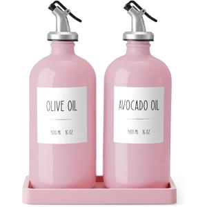 Olive Oil Dispenser Bottle for Kitchen, 16oz Glass Oil and Vinegar Dispenser Set with Wood Tray & 54 Labels - Coffee Syrup Dispenser - Pink Kitchen Decor and Accessories - Set of 2