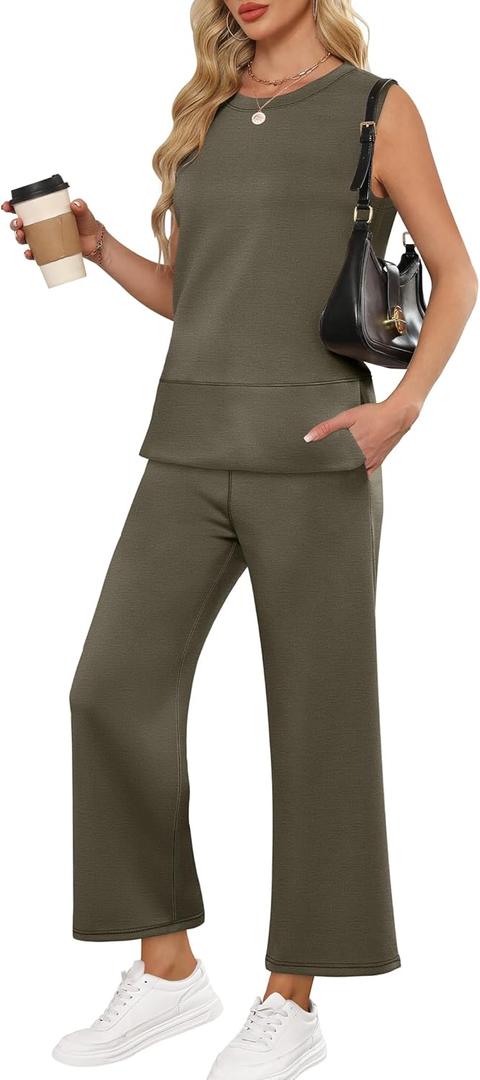 ANRABESS Womens 2 Piece Outfits Summer Beach Vacation Clothes Spring Travel Airport Casual Wide Leg Pants Lounge Sets (Large, Army Green)