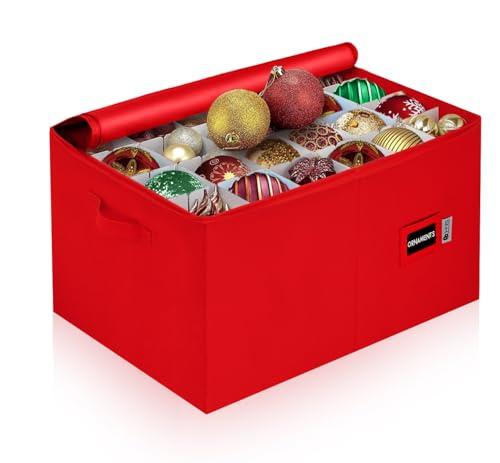 Christmas Ornament Storage Container with Dividers - Box Stores Up to 96 Ornaments, Zippered, Convenient, Adjustable, Large Organizer Bin to Protect Holiday Décor, Fits Most Standard Size, Red