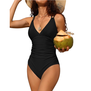 Charmo Tummy Control One Piece Swimsuits for Women Ruched Bathing Suits Strappy V Neck Monokini XXL