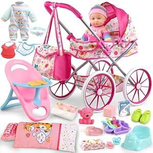 Baby Doll Stroller Toys Set with 12.5" Baby Doll, Dining Chair, Quilt Pillow, 24 PCS Doll Accessories and 2 Sets Doll Clothes, Baby Stroller Toys for Girls Toddlers 3-5 4-6 5-7 Gifts for Pretend Play