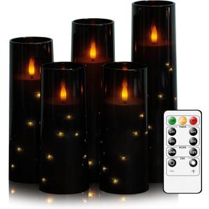 kakoya Flameless LED Candles with Timer 5 Pc Flickering Flameless Candles for Romantic Ambiance and Home Decoration Stable Acrylic Shell,with Embedded Star String,Battery Operated CandlesBlack