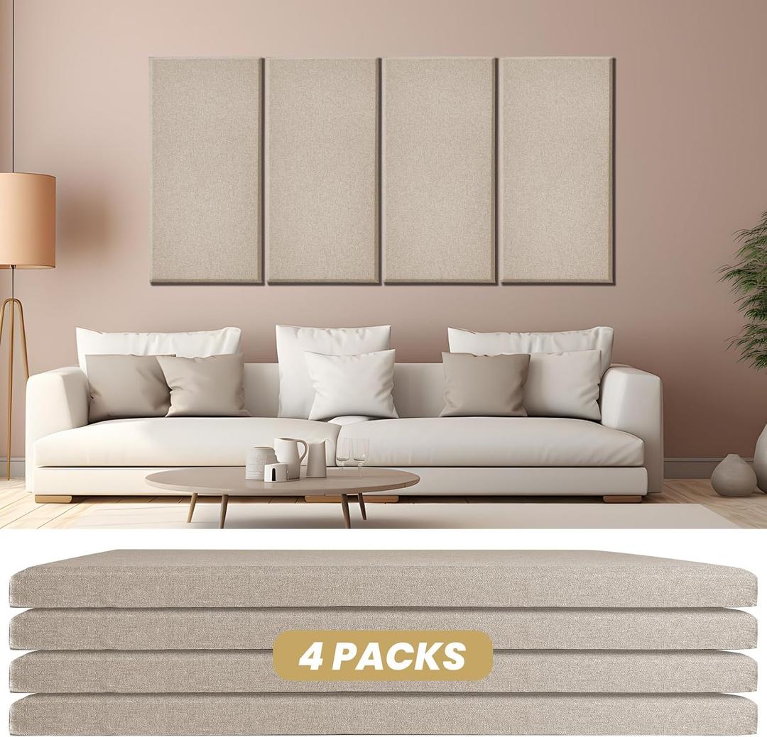 4PCS Sound Proof Panels for Walls, Large Acoustic Panels Sound Absorbing, 23.6x11.8 Inches Sound Proof Foam Panels for Walls, Fiberglass Inner Sound Absorbing Panels for Studio Home Office (Camel)