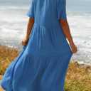 R.Vivimos Womens Summer Cotton Flowy Maxi Dress Short Sleeve V Neck Empire Waist Boho Tiered Ruffle Casual Loose Long Dresses (Blue, L)