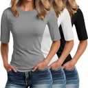 Riyiper 3 Pack Elbow Length Tee Shirts for Women 1/2 Half Sleeve Tops Crewneck Cotton Slim Fit Casual Summer Basic Tee, Size: Large
