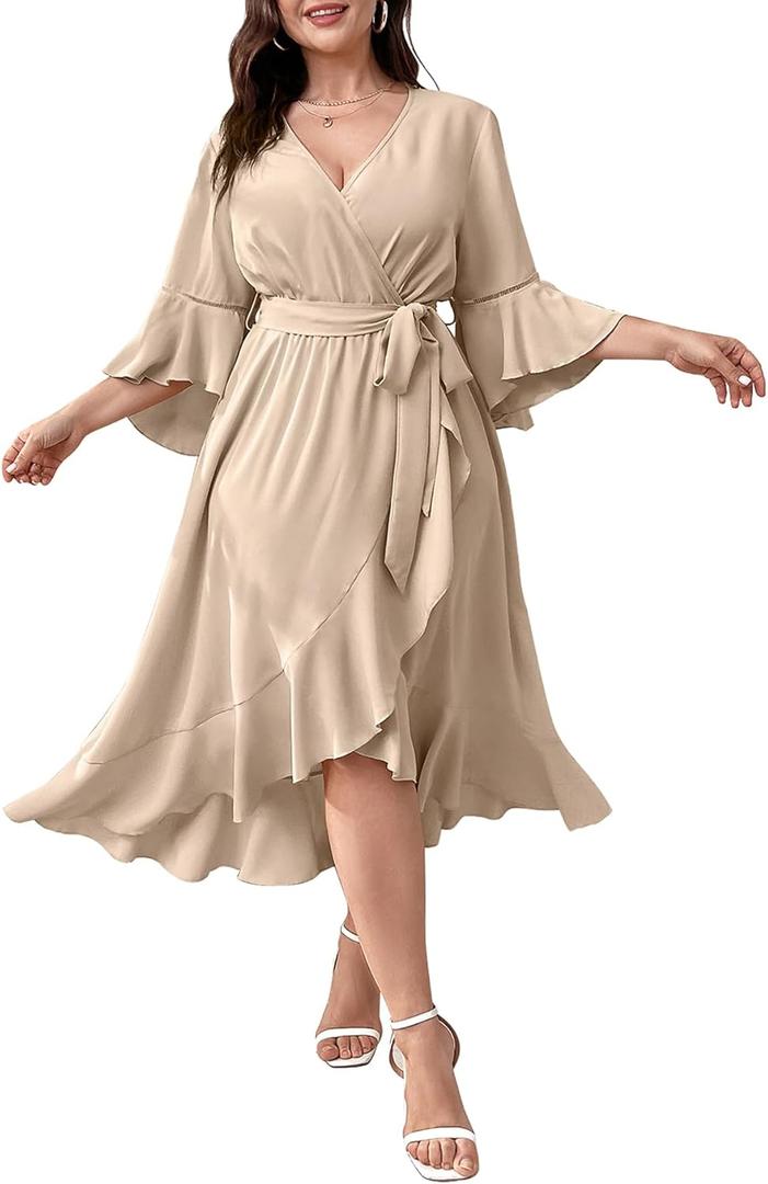SCOMCHIC Women Plus Size Wedding Guest Maxi Dress Long Sleeve Faux Wrap V Neck High Low Ruffle Cocktail Dress with Belt (3X-Large Plus, Beige)