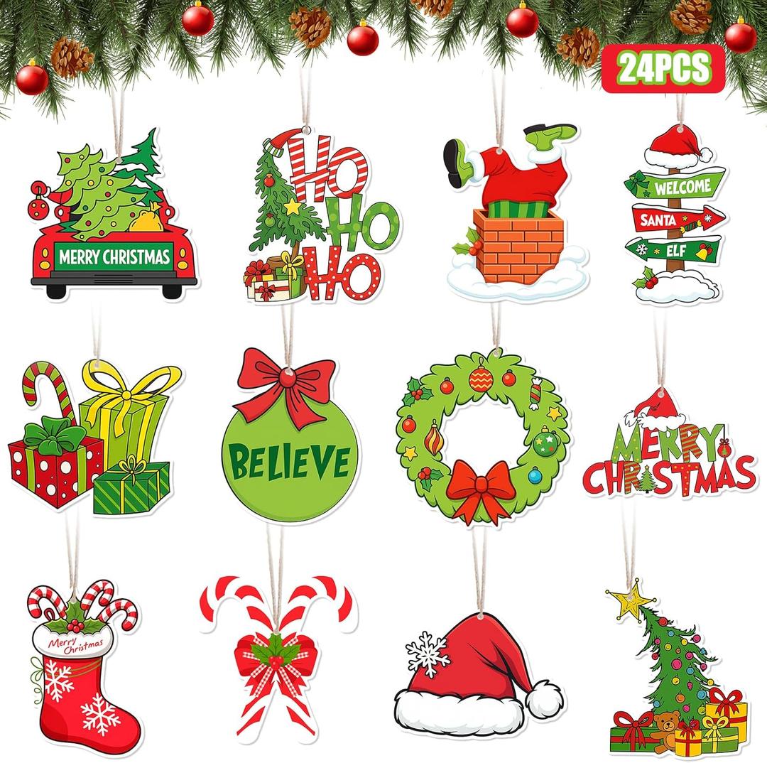 Christmas Tree Decorations 24Pcs Green Truck Candy Ball Wooden Tree Ornaments Merry Christmas Cute Xmas Hanging Ornaments for Indoor Home Mantle Fireplace Party Supplies