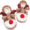 ASHION Women's Cute Fuzzy Reindeer House Slippers Stuffed Animal Bedroom Slippers Cozy Christmas Indoor Shoes (7-7.5)