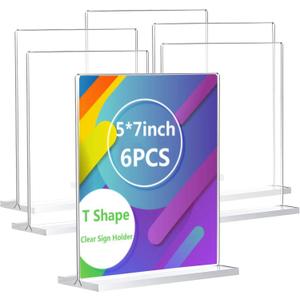 Acrylic Sign Holder Double Stands Ad Frames Clear Flyer Display Stand for Office Home Restaurant, Display Sign Stand for Store Sign Holders, Vendor Booth Display Items Vertical (6 Pack-5" X 7"Inch-Vertical(T-Shape))