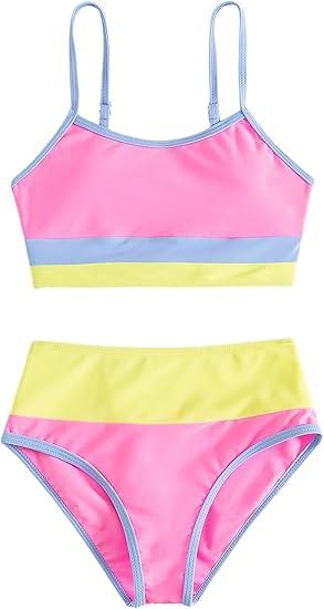 Verdusa Girl's 2 Piece Colorblock High Waisted Bikini Sets Swimsuit Swimwear Bathing Suits,10Y