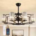 36" Large Crystal Fandelier Dimmable 6-Light Vintage Flush Mounted Chandelier Ceiling Fan Black Ceiling Fans with Lights and Remote for Dining Living Room Kitchen