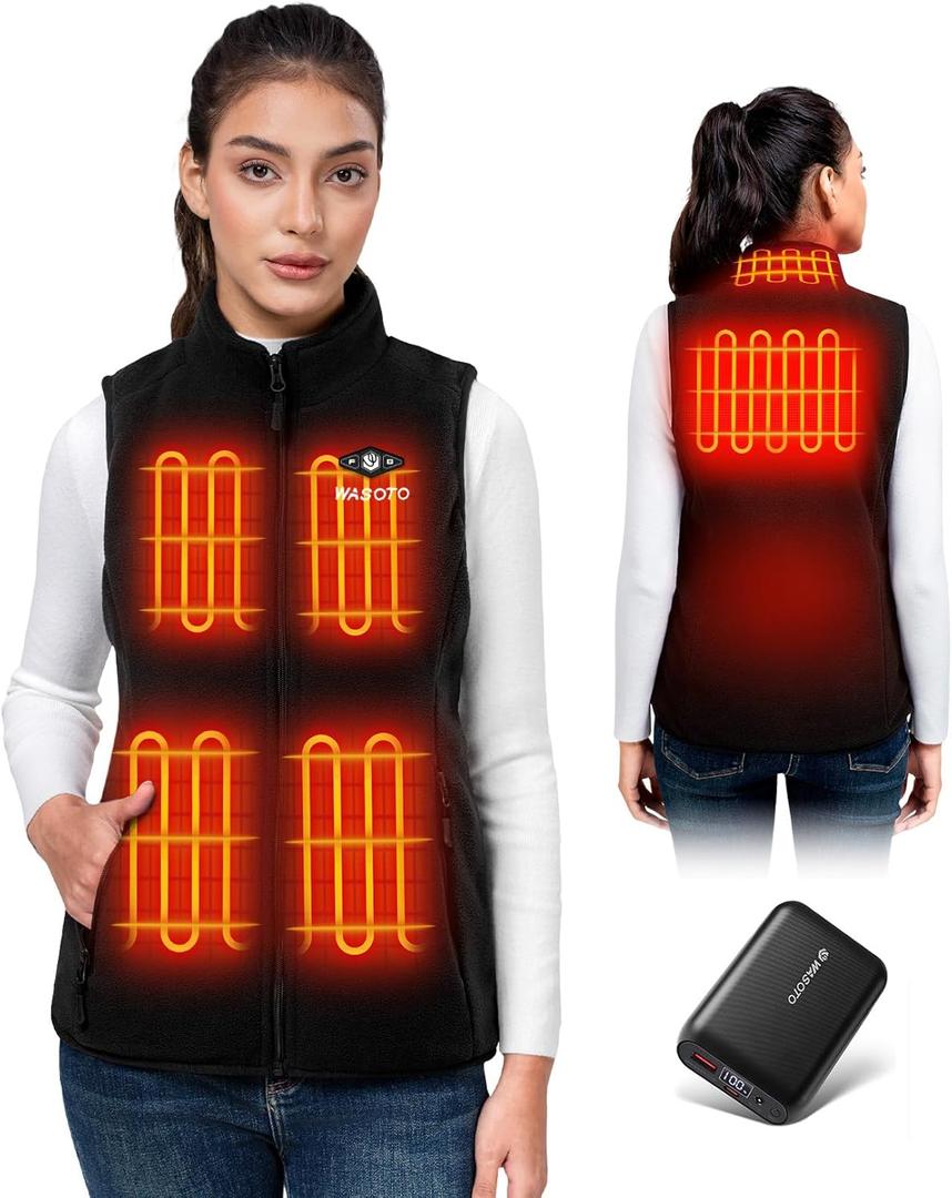 WASOTO Heated Vest Women Fleece Vest 16000mAh Battery Pack Charger Included Lightweight Slim Fit for Indoor Outdoor Work (Medium, Black)