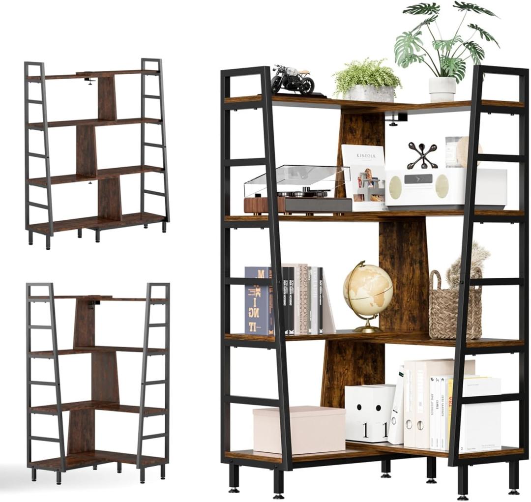 Corner Bookshelf 4 Tier Corner Deformable Book Shelf L Shaped Adjustable Bookcase Display Book Shelf Office Shelves Vintage Wooden Bookshelves for Living Room Bedroom Study Office Brown