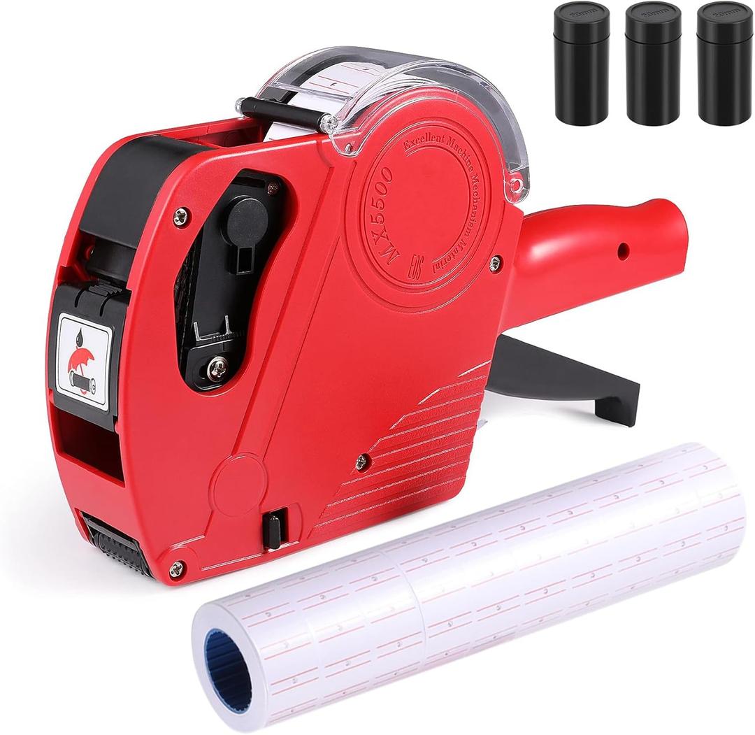 Handheld Price Guns for Retail, Lightweight Pricing Tag Gun Kit with Labels, 8 Digits Red Price Label Maker Guns and 5000 Labels & 3 Refill Ink Rollers, Perfect for Yard Sale and Supermarket (1 Pack)