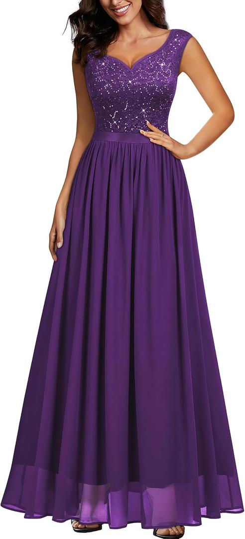 Miusol Women's Sexy Deep V-Neck Sequin Lace Double Sleeveless Evening Party Maxi Dress (Purple, M)