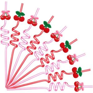 24 Pcs Cherry Bow Drink Straws 10.4 Inch Pink Red Coquette Bow Plastic Straws Preppy Fruit Theme Birthday Supplies for Baby Shower Bachelorette Galentines Day Valentines Wedding Party Favors
