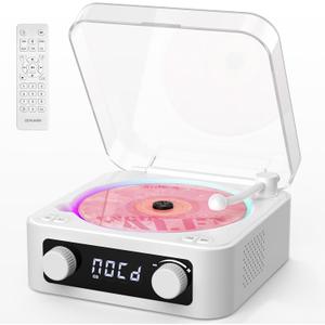 CD Player with Built-in Speakers Portable Bluetooth Input&Output Desktop CD Players for Home with Screen Display, Ambient Lighting, FM Radio, White Noise Mode, Remote Control, USB Type-c (White)