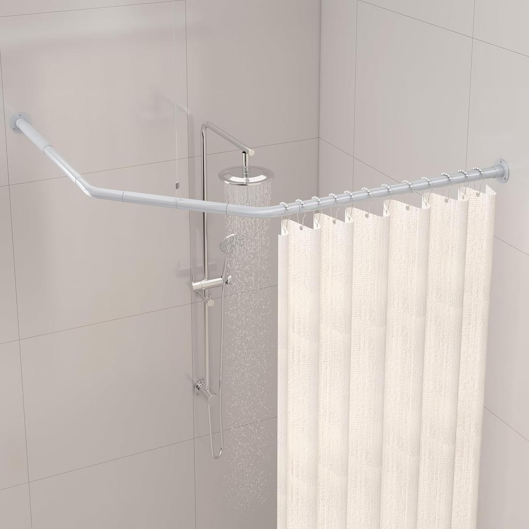 Corner Shower Curtain Rod, Diamond Shaped [Both Sides: 22" - 34.8", Middle: 28" - 43.7"] Adjustable Bathroom Bathtub Shower Rod with 12 Hooks & Ceiling Support - Silver Gray