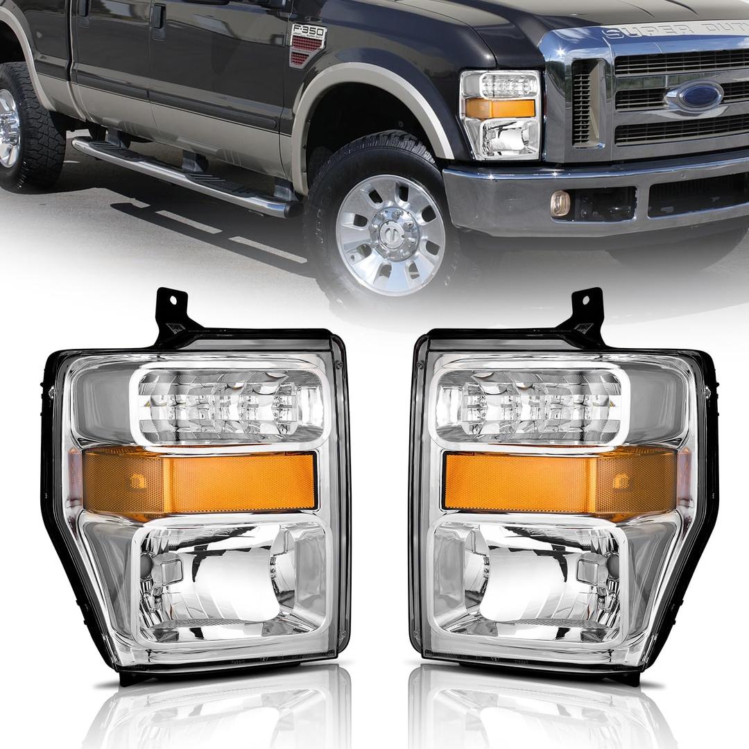 Anti-Fogging Headlights Assembly for 2008 2009 2010 Ford F250 F350 F450 F550 Super Duty, 08 09 10 Headlights Replacement Pair Chrome Housing