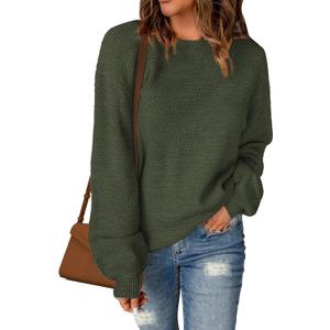 Sucolan Oversized Sweaters for Women Heathered Long Sleeve Crew Neck Pullover Knit Sweater Casual Fall Tops 2024 Fashion (Medium, Deep Green)