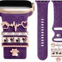 DaQin Flower Engraved Band Compatible with Apple Watch 44mm, 42mm, 45mm, 46mm for Women - Soft Silicone Band With Decorative Apple Watch Charms for iWatch Series 10, 9, 8, 7, 6, 5, 4, 3, 2, 1 SE