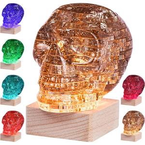 3D Skull Crystal Puzzle, Original 3D Crystal Assembly Brain Teaser with Light-Up Wood Base, Plastic Skull Puzzle Blocks 3D Model Toy, Ideal Gift for Adults, Kid Ages 14 and Up, Skull Grey