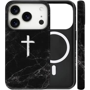 Magnetic for iPhone 17 Pro Case Christian Cross Marble Phone Case, Black Marble Jesus Faith Shockproof Slim Soft TPU and Hard PC Protective Cases Compatible with MagSafe Gift for Religious