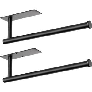 Paper Towel Holder Under Cabinet - 2 Pack Matte Black, Self-Adhesive or Drilling Mount, Sturdy Stainless Steel Space-Saving Rack for Kitchen, Bathroom, RV, Rental-Friendly Design