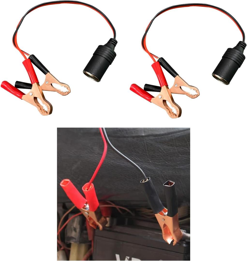 Dickno 2 PCS Cigarette Lighter Extension Cord, Car Female Cigarette Lighter Socket to 50A Battery Alligator Clips Connector, 12V 24V Vehicle Battery Clamp-on Extension Charge Cable