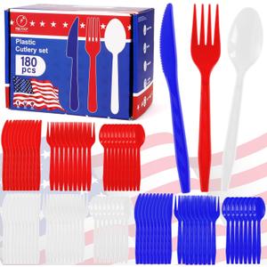 180 PCS 4th of July Independence Day Plastic Silverware Set Disposable Utensils Heavy Duty Plastic Cutlery Set Disposable Utensils Includes Spoons Forks Knives for Memorial Day Decorations