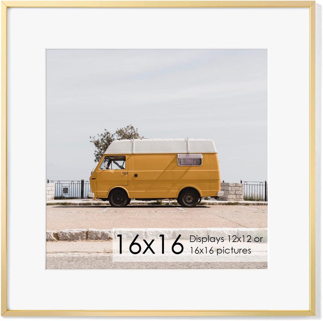 16x16 Metal Picture Frame with 12x12 Mat, Brushed Aluminum Finish, Tempered Glass Front, and Attached Hanging Hardware - Versatile Wall Display Frames for Vertical or Horizontal Orientation, Gold