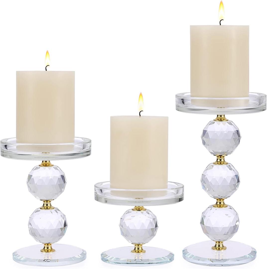 OwnMy Set of 3 Gold Crystal Glass Pillar Candlestick Holders Votive Candle Holder Set, Clear Glass Tea Light Candle Stick Holders Pillar Candle Stand Modern Candle Centerpiece for Living Room Wedding