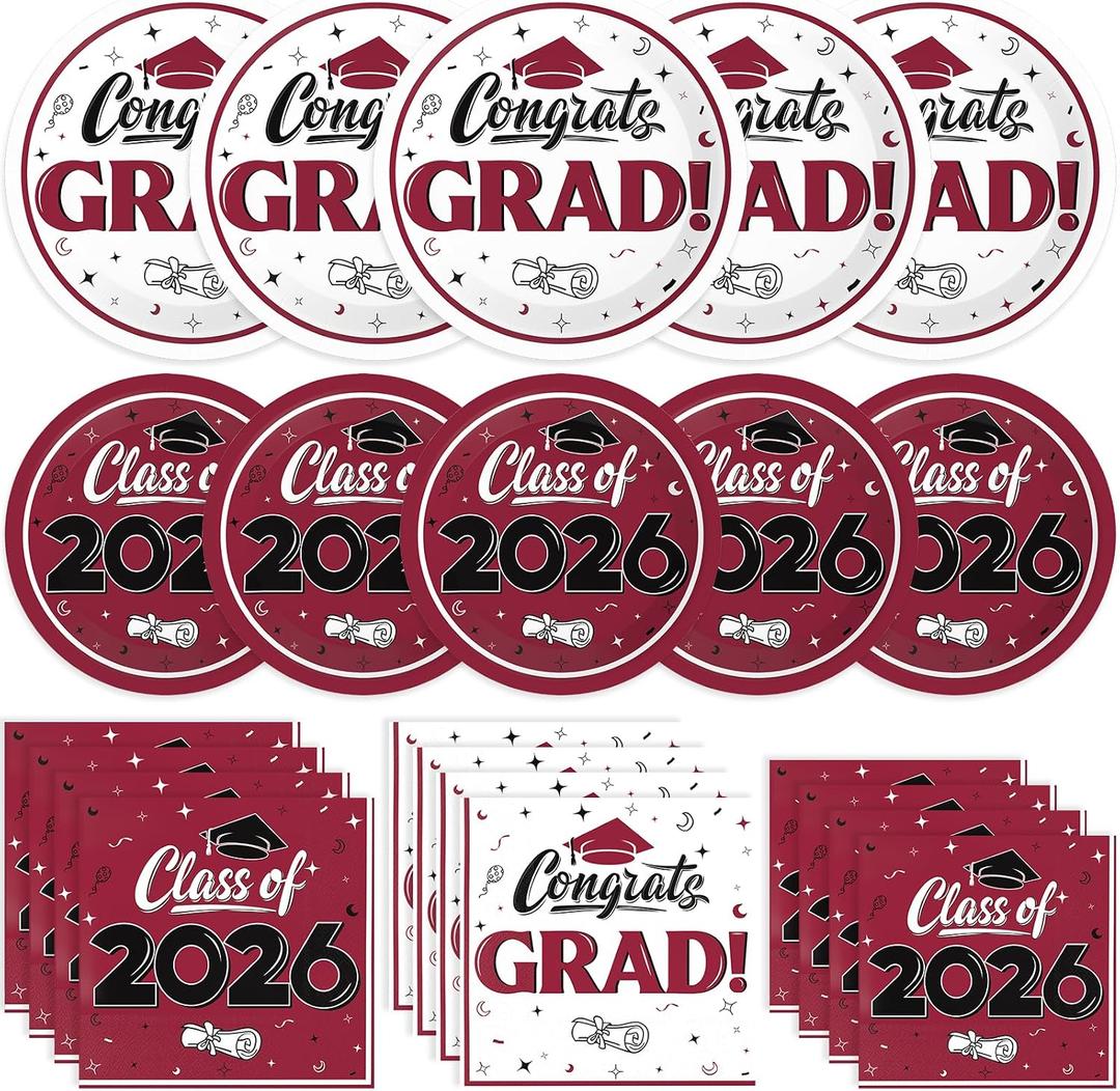Graduation Decorations 2026, 200 Pcs Class of 2026 Graduation Party Supplies Kit with Paper Plates, Luncheon and Cocktail Napkins, Congrats Grad Decorations for 50 Guests (Maroon)