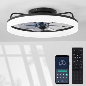 zouzai Low Profile Ceiling Fans with Lights and Remote, Fandelier Ceiling Fan Flush Mount, 3000K-6500K Smart Bladeless LED Fan Light, Black Modern Ceiling Fans with Lights for Bedroom (Style 4)