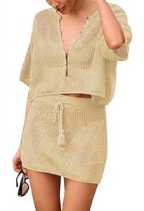 Sovoyontee Womens 2024 Summer 2 Piece Crochet Swimsuit Cover Up Swim Bathing Suits Bikini Swimwear Cover Ups Apricot, Large