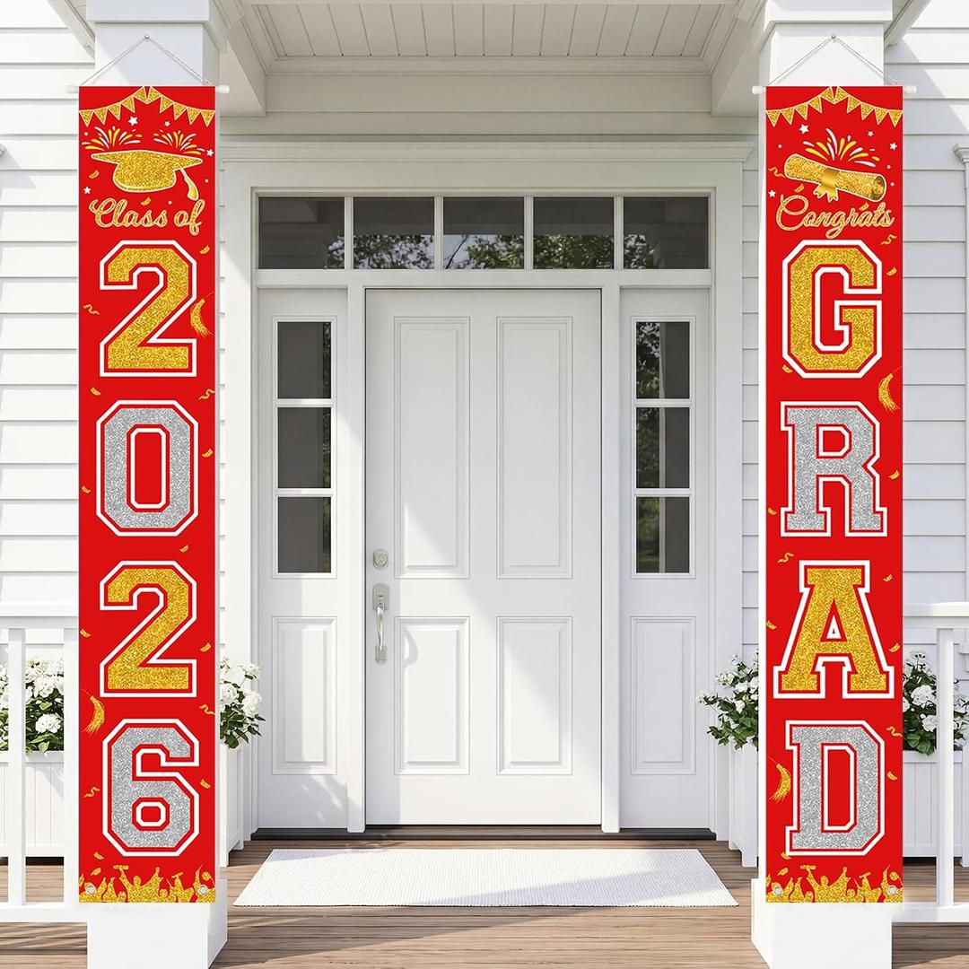 Graduation Banner 2026, Class of 2026 Banner, Black Gold Graduation Porch Banner Decorations for Front Door, Wall, Entryway, Indoor Outdoor Graduation Party Supplies (Red)